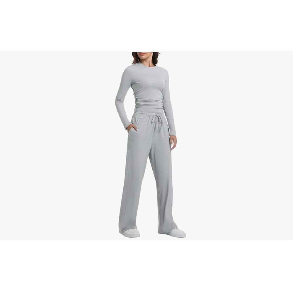 2 Piece Lounge Sets for Women Fall Outfits Long Sleeve Wide Leg White Large